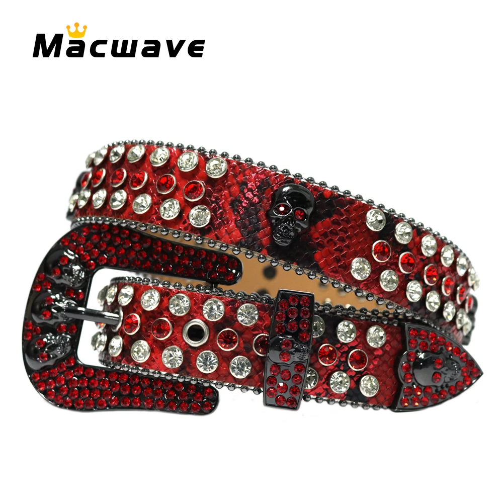 High Quality Western Rhinestone Belt Diamond Wide Buckle Studded Skull Belt For Women Men Cowboy Cowgirl Cinto De Strass Jeans