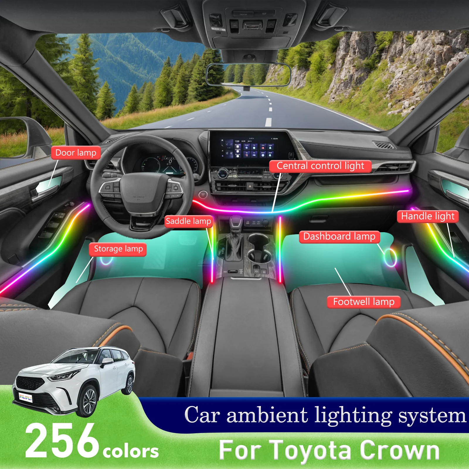 

For Toyota Crown Car Interior Ambient Lamp Kit RGB 64-Color LED Smart Remote Control Energy Saving Efficient Lights