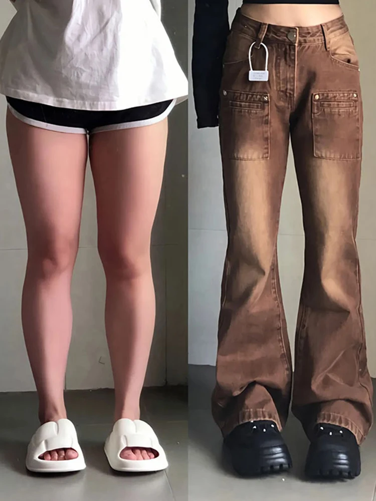 

plus Size Women's American Retro Brown Bell Bot Jeans High Waist Straight Leg Pants Autumn Faion Slimming Trousers