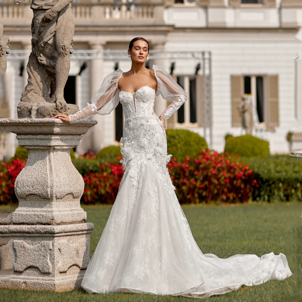 

Shiny Lace Wedding Dresses Sweetheart Mermaid Applique Luxury Bride Gowns Detachable Sleeve Corset Vestidos De Novia Customized