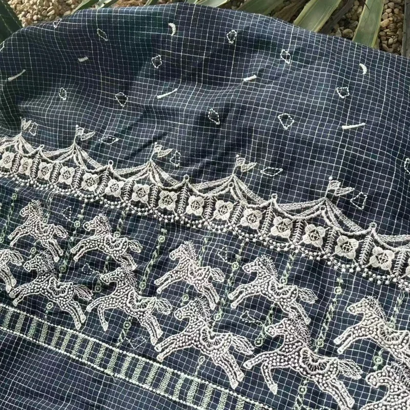 New 100% cotton pony floral unilateral embroidered check fabric for children's and women's clothing,handmade bag sewing fabric
