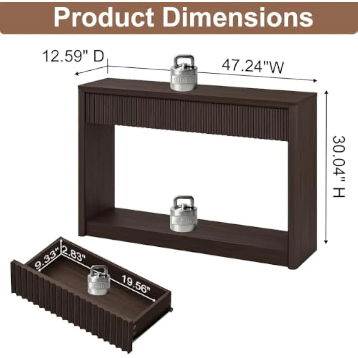 Entryway console table with two waveform drawers and open lower shelf, walnut brown engineered wood, 47.2 inches wide, 12.6 inch