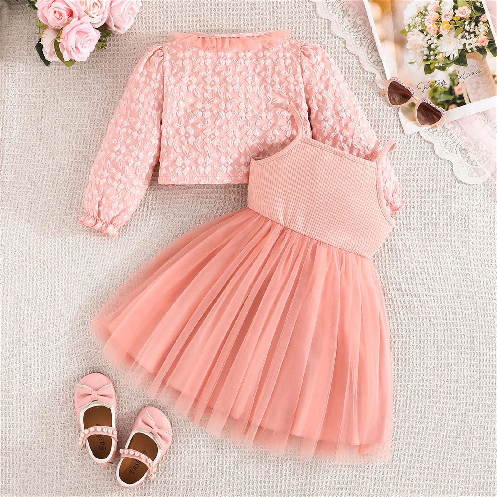2-8Y Children's Girls Summer Fall 2 Piece Sets Tulle Patchwork Slip Dress with Flower Jacket Outfits for Casual Daily