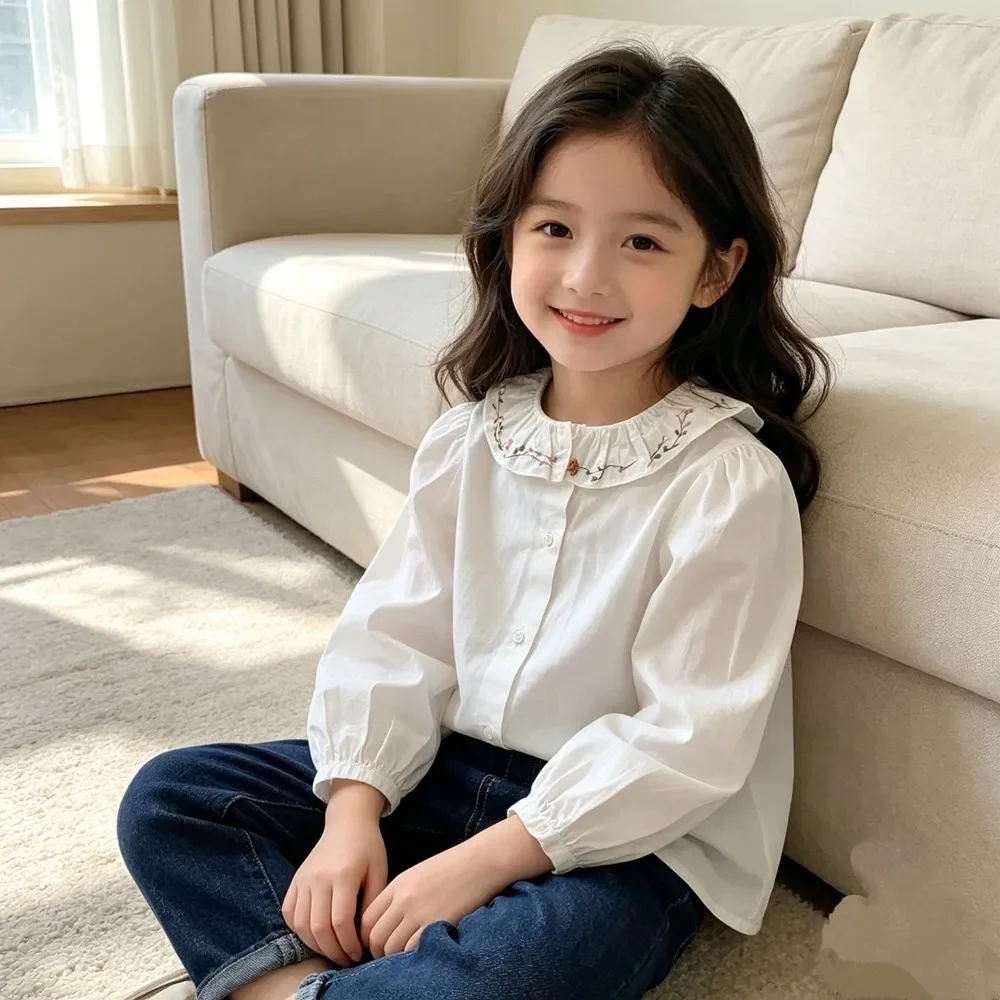 Children's Clothing Girls High quality handmade embroidery Lotus leaf edge lapel White long sleeved shirt Versatile French