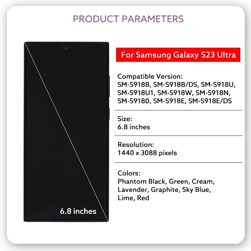 OLED For Samsung Galaxy S23 Ultra LCD Touch Screen Digitizer For Samsung S23 Ultra LCD S918 S918B S918U Replacement With Frame