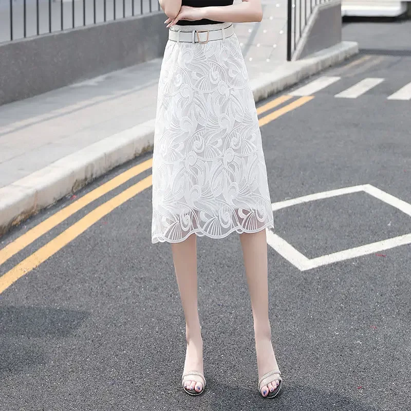 

Korean Fashion Elegant Lace Skirt 2024 Summer New Office Lady Commute All-match Hook Flower Hollow High Waist A-Line Midi Skirts