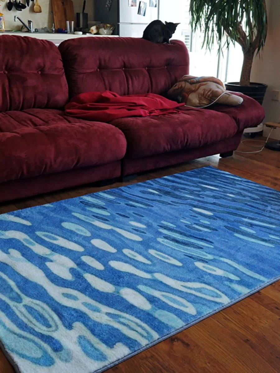 Blue Shiny Sea Beach Sparkling French Plush Carpet, Non slip Mat for Home Bathroom