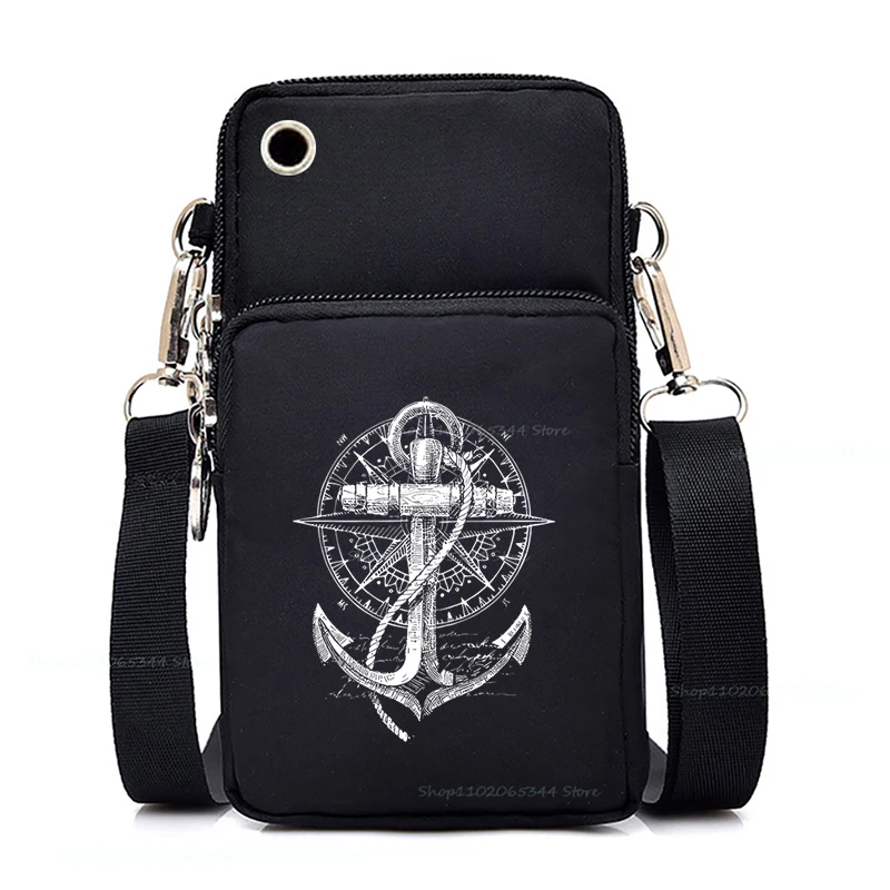 

Vintage Compass Fishhook Mini Mobile Phone Bag Men Fashion Animal Zipper Shoulder Bag Lightweight Casual Fisherman Messenger Bag
