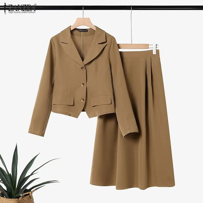 

Women Elegant Skirt Suits Peak Lapel Long Sleeve Short Blazer and A-Line Midi Skirt 2pcs Sets ZANZEA 2026 Spring 2 Piece Outfits
