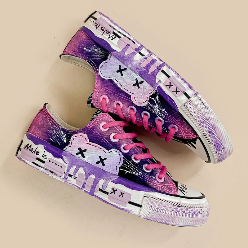 Amy and Michael Cute Girls Students Flat Casual Sneakers Graffiti Hand Painted Canvas Shoes Tennis Female Woman Vulcanize Shoes