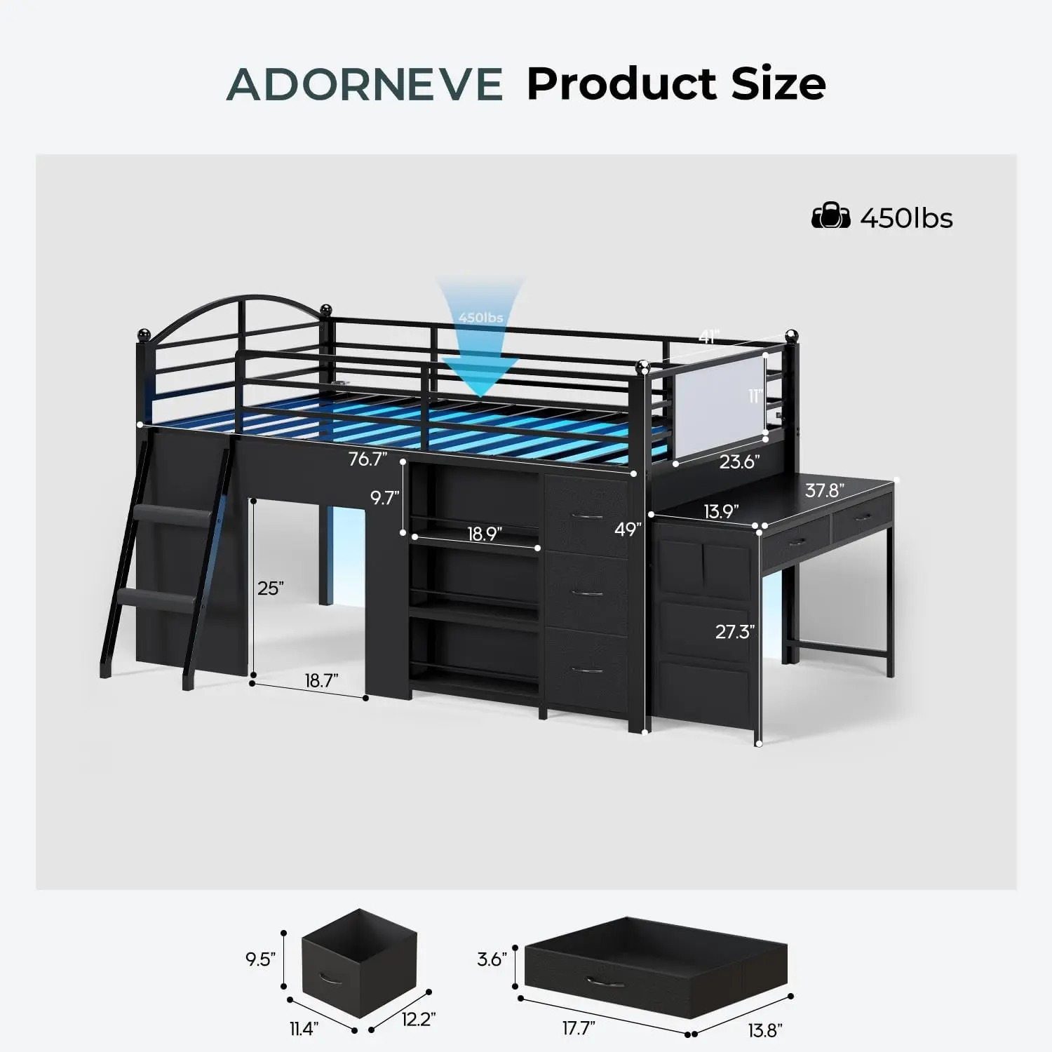 ADORNEVE Twin Size Low Loft Bed with Storage,Desk and Bookshelf for Kids