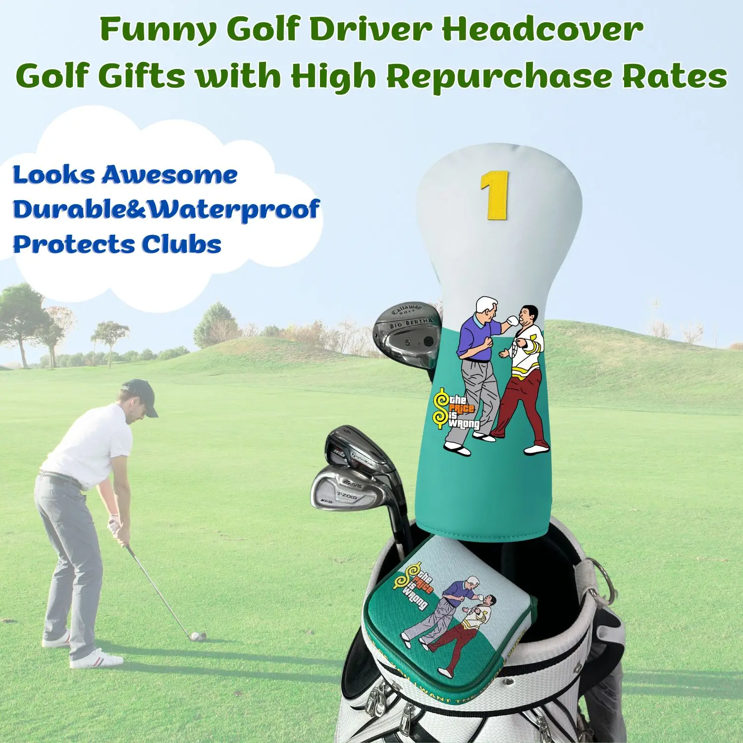 Golf PU Leather Head Covers for Driver, Funny Design Golf Club Head Covers with Soft Lining -Protective,Water-Resistant