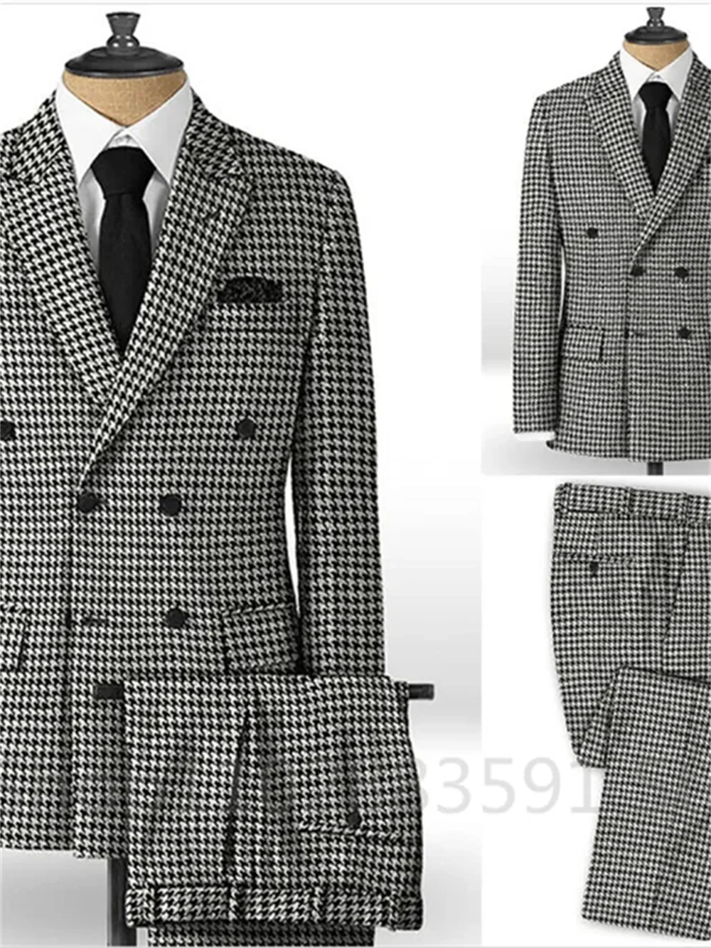 2 Piece Plaid Men Suits for Wedding/Business Slim Fit Houndstooth Checkered Groom Tuxedos Male Fashion Clothes Jacket with Pants