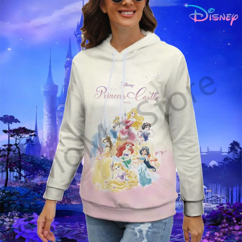 Disney Princess Kawaii Women's Hoodies Y2k Black Hoodie Youthful Woman Clothes Sweatshirts High Quality 3D Print Winter Leisure