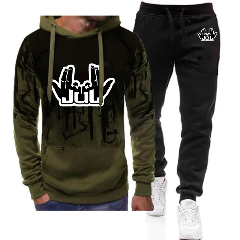 2025 Spring And Autumn Rapper Jul Graphic Printing Men's New Gradient Color Set Hoodie+Casual Sweatpant Two-piece Suit