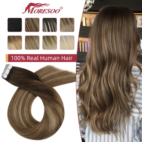 Cinta Moresoo en extensiones de cabello 100% cabello Remy Real cinta adhesiva Invisible Natural brasileña ins extensiones de cabello humano