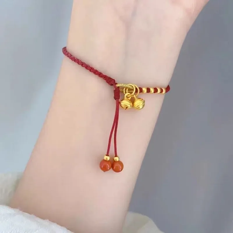 Ethnic Style Red String Bell Charm Bracelet for Women\'s Retro Handmade Niche Personality Accessories