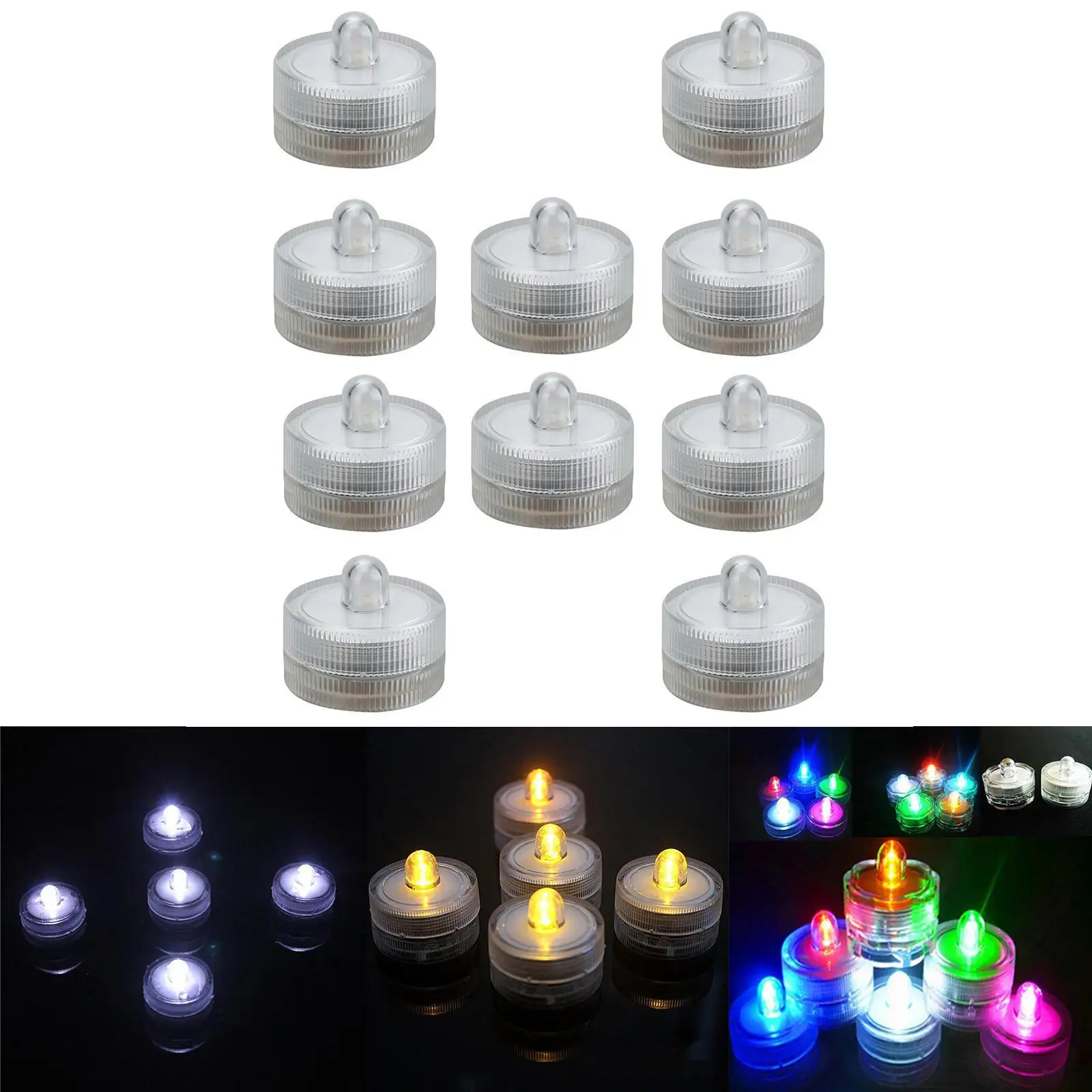 Velas LED sumergibles impermeables con pilas, luces de té sin llama, 10 Uds.