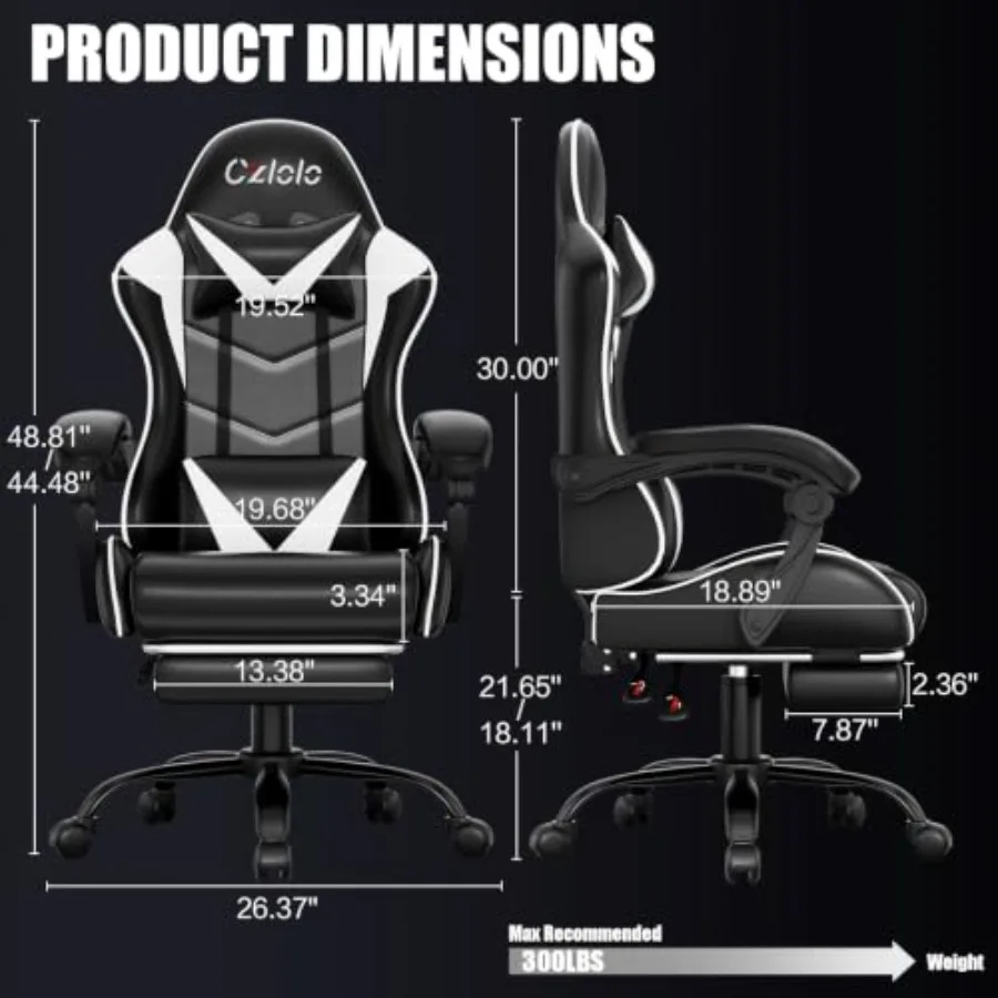Gaming Chair with Footrest, Racing Style, Black PU Leather, Ergonomic Lumbar Support Massager, Metal Legs, High Back Reclining,
