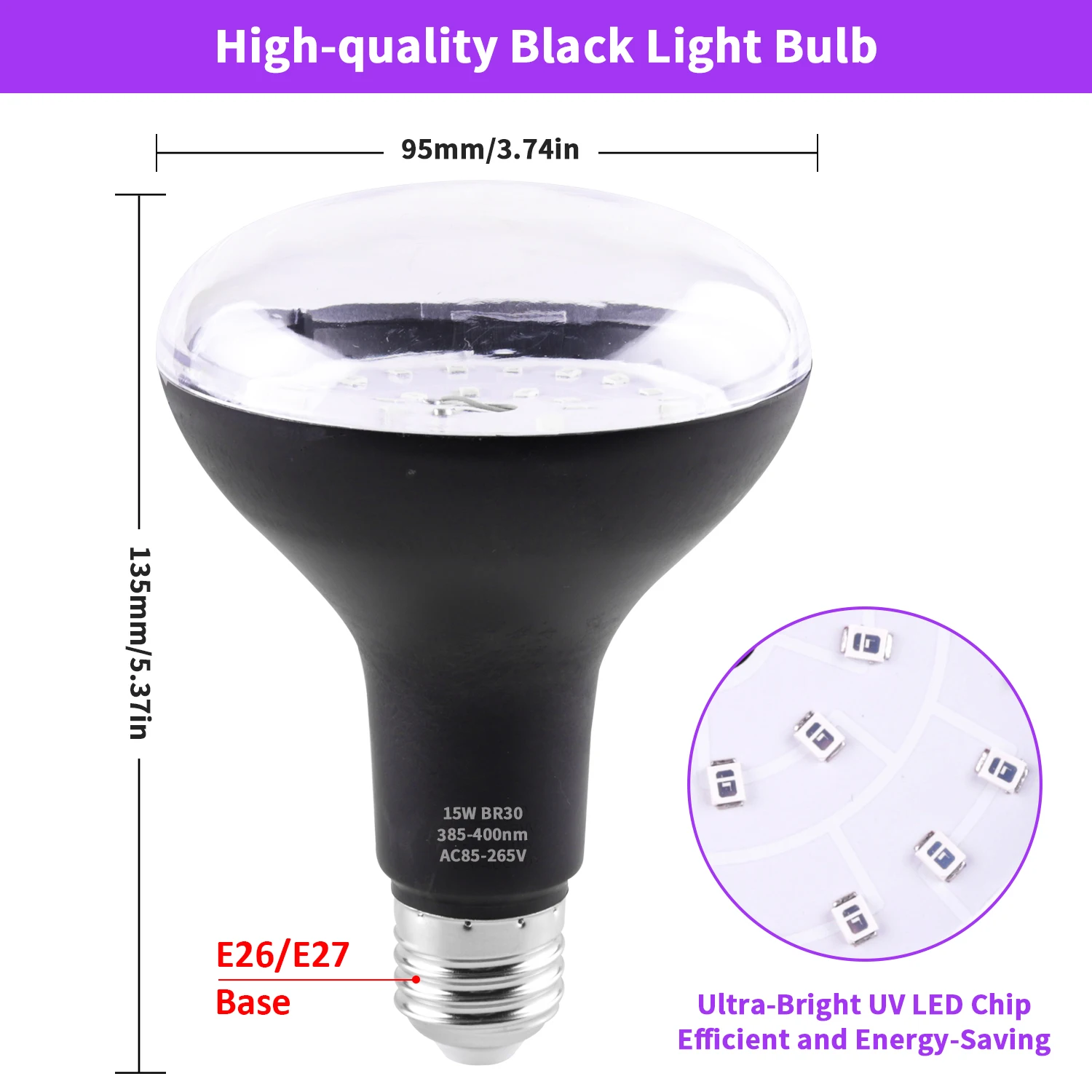 2Pack 15W  Black Light Bulb E26/E27 for Glow in The Dark, 395nm, Flood Light for Halloween Christmas Party, Body Paint