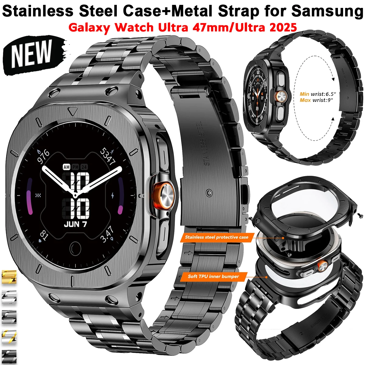 

Корпус из нержавеющей стали + металлический ремешок для Samsung Galaxy Watch Ultra 47 мм, спортивный браслет для Galaxy Watch Ultra 2025, защитный чехол