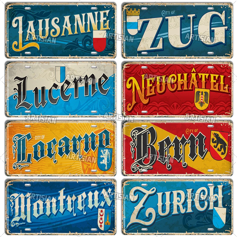 Artisian SWISS Landmark License Plate City Metal Tin Plaque Car Metal Sign Wall Decor Garage Bar Pub Club Hotel Cafe Kitchen