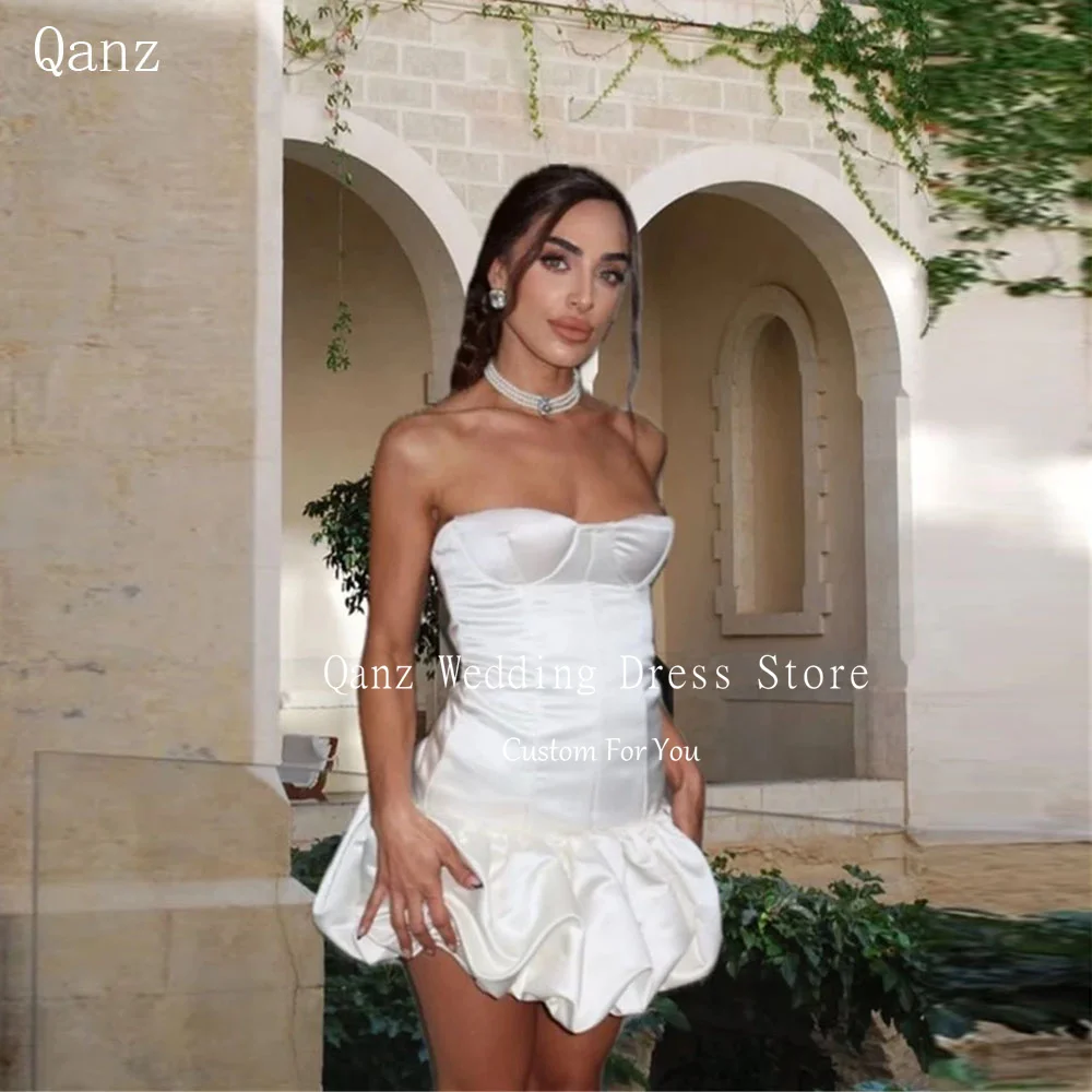 

Qanz Modern Black Short Wedding Dresses Corset Back Ruffles Strapless A-line Slim Sexy Club Dress Vestidos De Novia Customized