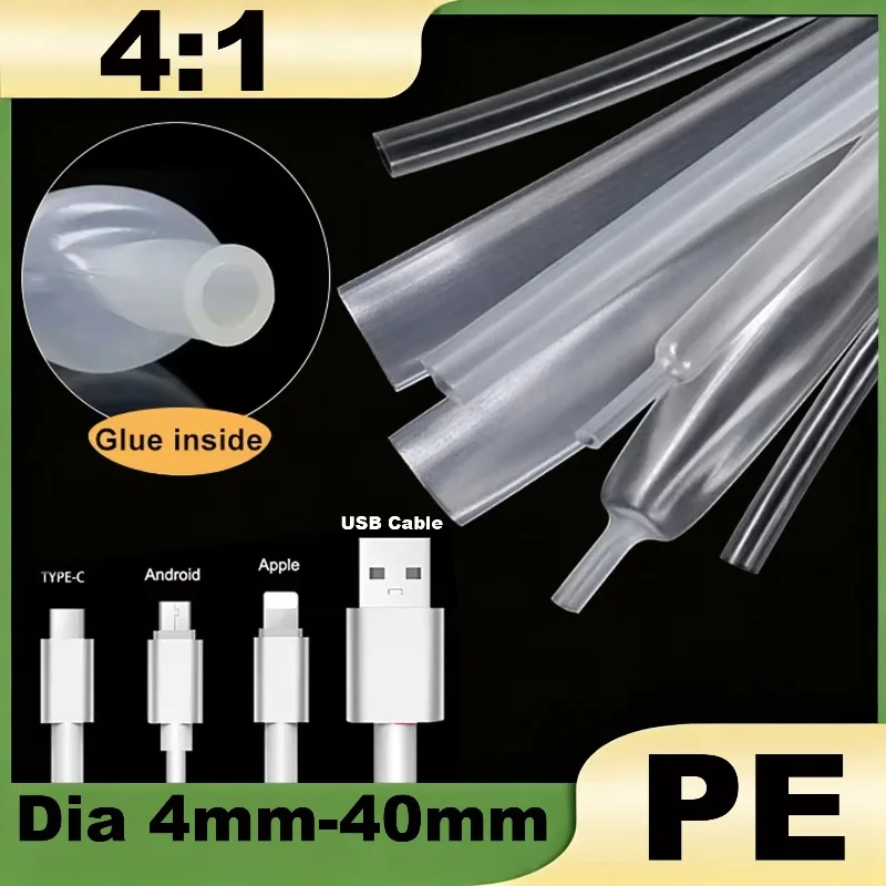 1Meter Clear 4:1 Glue Heat Shrink Tube Dia 4/6/8/10.5/12/16/20/24/32/40mm Thermoresistant Tube Heat-shrinkable Cable Sleeve