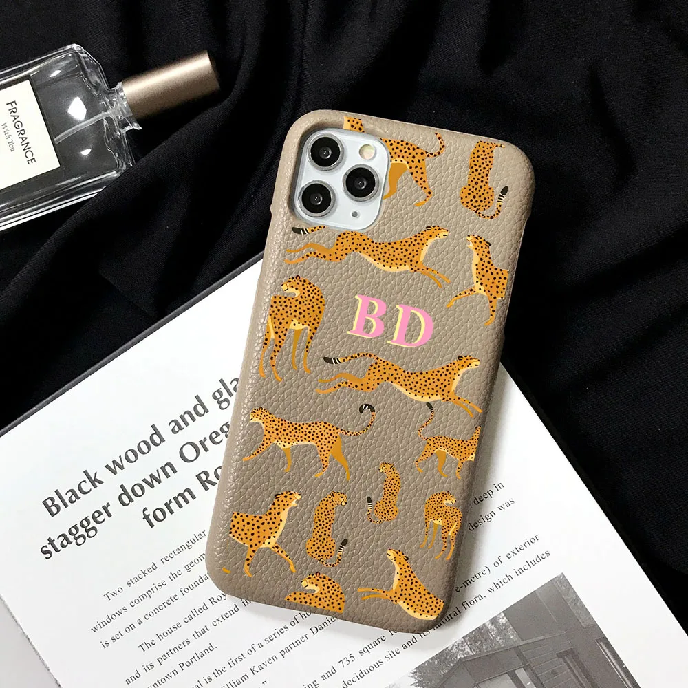 Leopard Custom Initials Name Letter Leather phone Case For Iphone 15 16 pro 14 13 Pro Max 12 Mini 11 kafr letters Luxury Covers