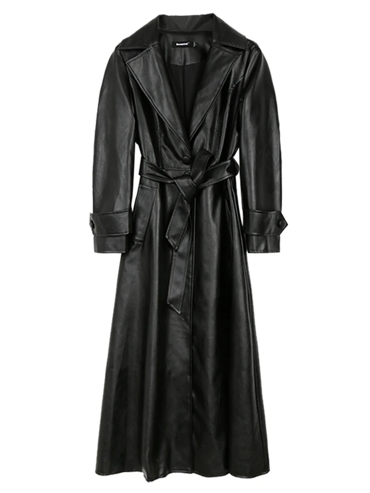 f*0様 HARAJUKU MOTHER LEATHER TRENCH COAT Nerazzurri Spring Autumn Long Fitted Black Pu Leather Trench Coat