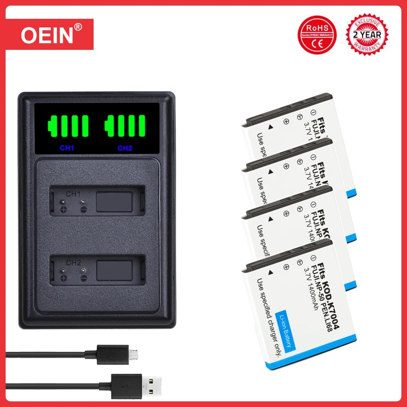 Klic-7004 D-Li68 Battery and Charger for Fujifilm NP-50, Fuji X10 X20 F50 F75 F665 F775, for Kodak M1033 M1093 V1073 Zi8 Zi12
