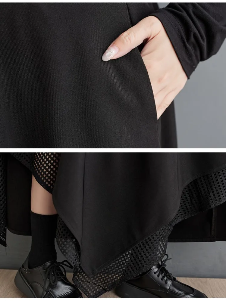 กระโปรงทรงเอไลน์ยาวสำหรับฤดูใบไม้ร่วง ไซส์ใหญ่ ผู้หญิง กระโปรงจีบระบายแบบไม่สมมาตร แฟชั่นลายต่อผ้า กระโปรงผู้หญิงเอวสูงแบบยางยืด