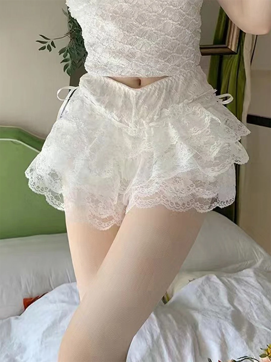 

Women s Summer Fashion Lace Shorts Elastic Band Layered Ruffle Bow Decor Beach Shorts