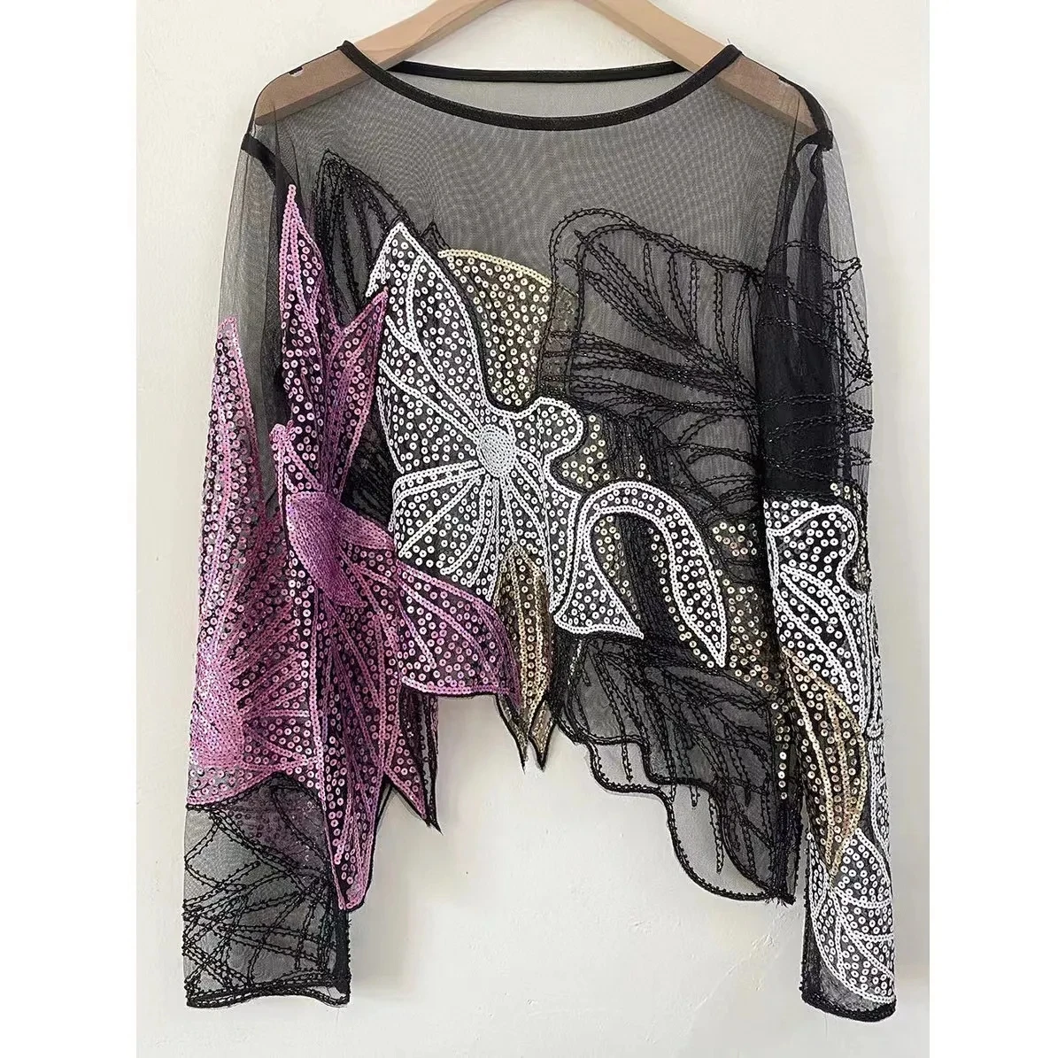 Chic Ins Luxury Women Sequins Floral Embroidery Sheer Blouses Shirts Irregular Beadings Sexy Club Blousa Party Woman Tops NS712