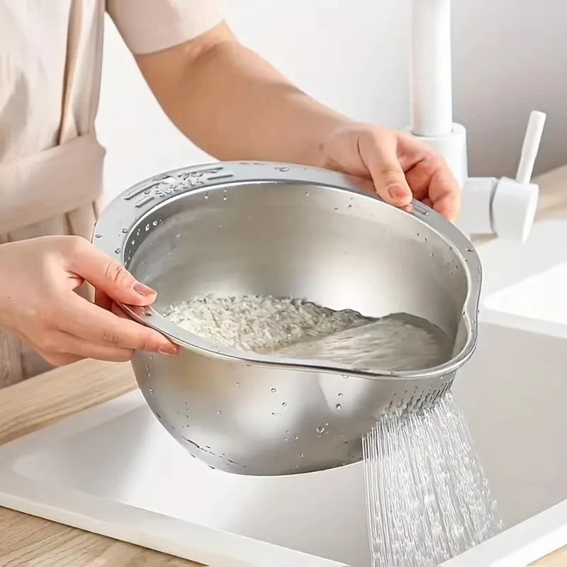 2026 New Stainless Steel Rice Washer Bowl Colander Sieve Multifunctional Fruit Vegetable Washing Household Kitchen Drain Gadget