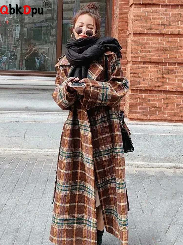 Mid Length Warm Wool Blend Plaid Coat Women Thick Streetwear Double Breasted Overcoat Winter New Chic Woolen Korean Jackets