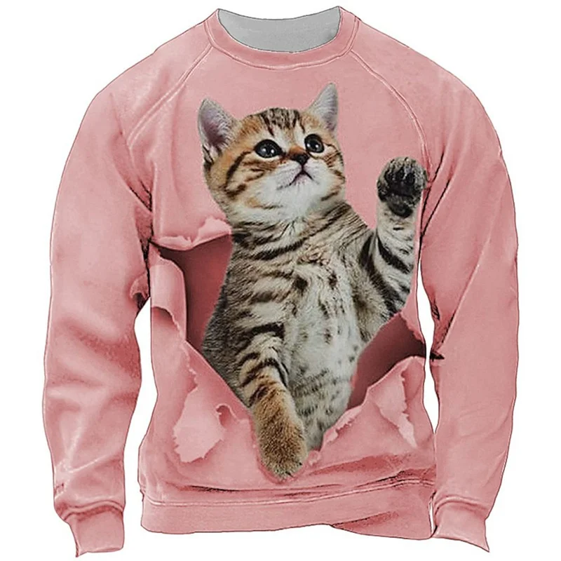 Moletom de manga comprida com estampa de gatos engraçados, pulôveres estampados 3D animal fofo, moletom casual solto de rua, tendência da moda