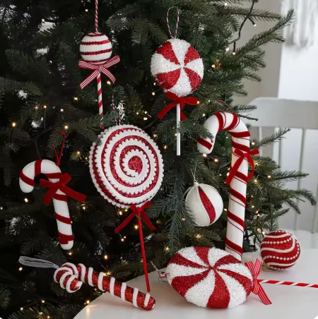 Adorno de árbol de Navidad, bastón de piruleta de caramelo rojo y blanco, colgante de bola de Navidad, decoración de fiesta de Año Nuevo de Navidad