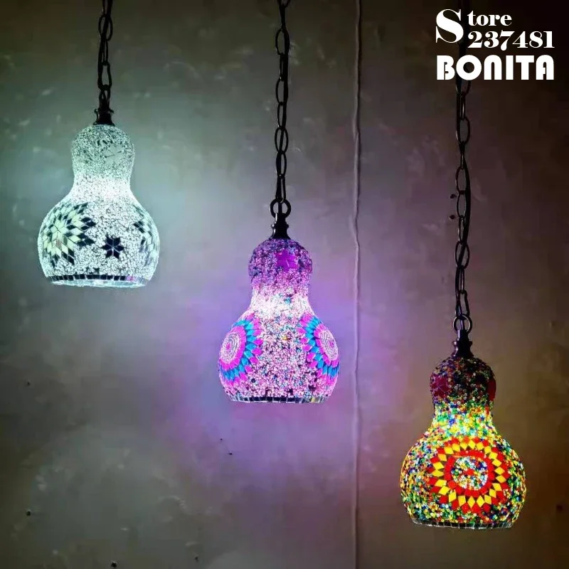 Turkey Exotic Charm Snowman Handmade Mosaic Ceiling Hanging Chandelier Gourd Glass Beans Dinning Table Bedside Deco Pendant Lamp