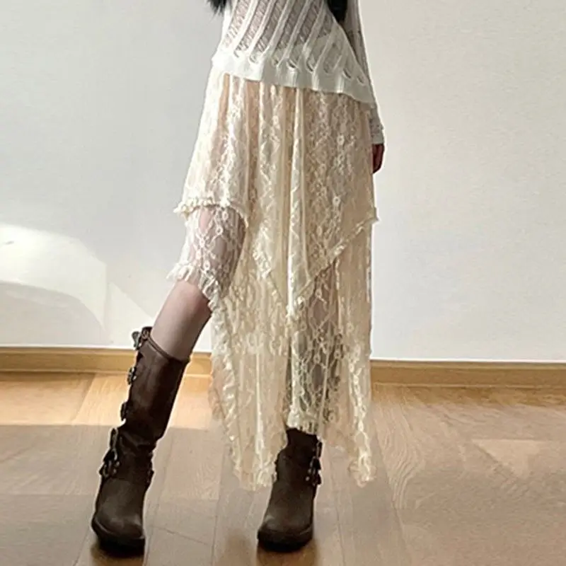 Y2k Sweet Gothic Punk Lace Skirt Women Elastic High Waist Irregular All-match Layering Long Skirt High Street Boho Thin Skirts