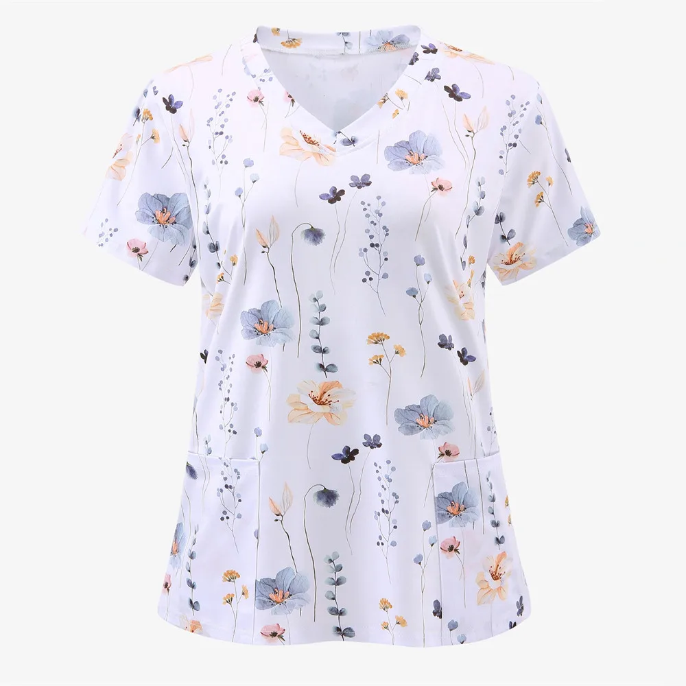 Nurse Uniforms Women Short Sleeve V-neck Floral 3D Print Nursed Working  Uniforms With Pockets Medical Uniforms