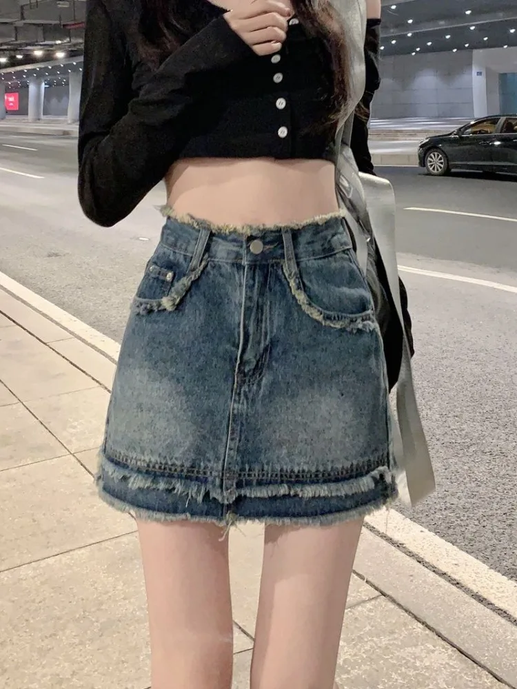 

A-line Denim Skirts Women Vintage Pockets Summer High Street Pure Color Comfortable Harajuku Fashion Korean Style Simple Femme