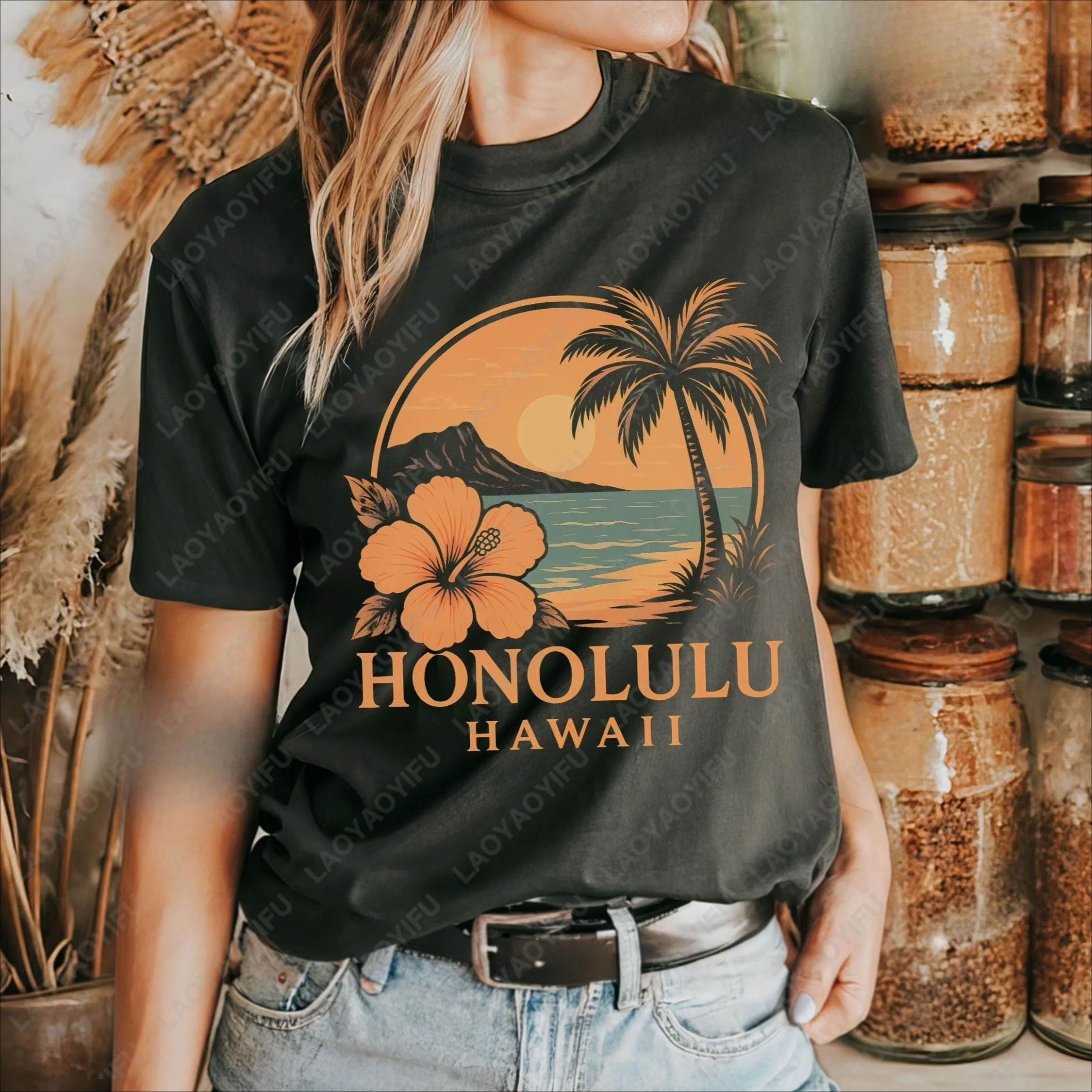 Vintage Honolulu Hawaii Vacation Souvenir Beach TShirt Casual Fashion Loose Harajuku Summer Short Sleeve Cotton Women T Shirt