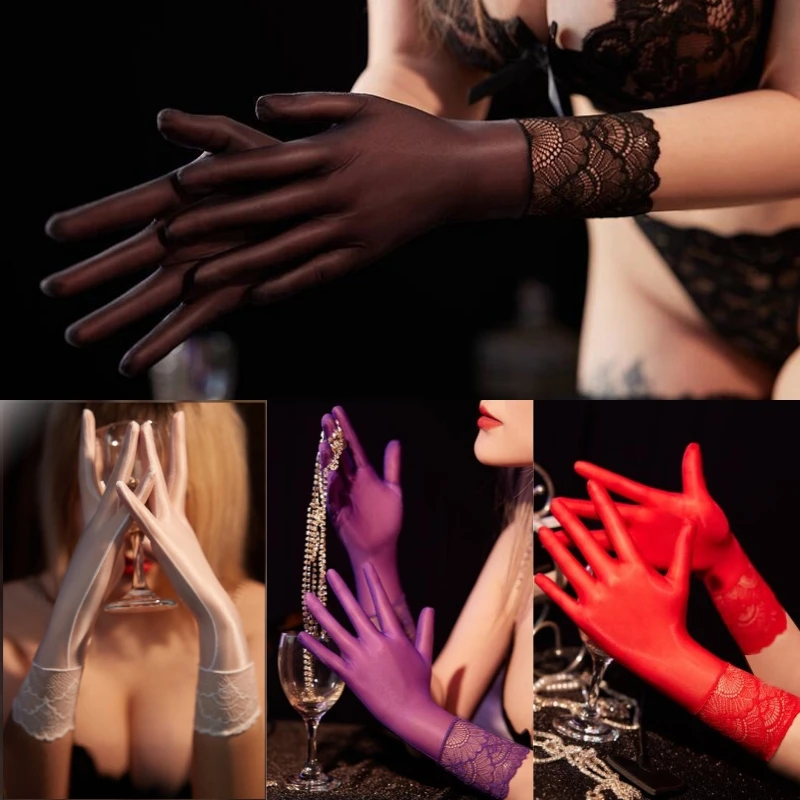 Fashion Night Club Pole Dancing Glossy Satin Full Fingers Gloves Women Sexy Ultrathin Transparent Party Gloves Cosplay Costumes