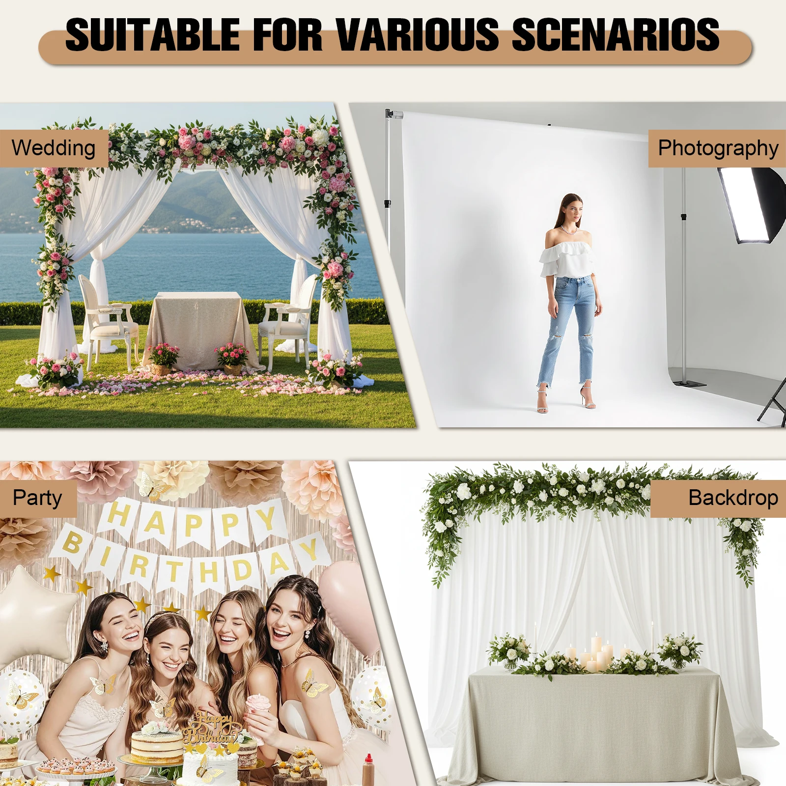 

Pipe and Drape Photography Kit 118x236inch Double Crossbar with Metal Base Height Adjustable for Parties Birthday Wedding