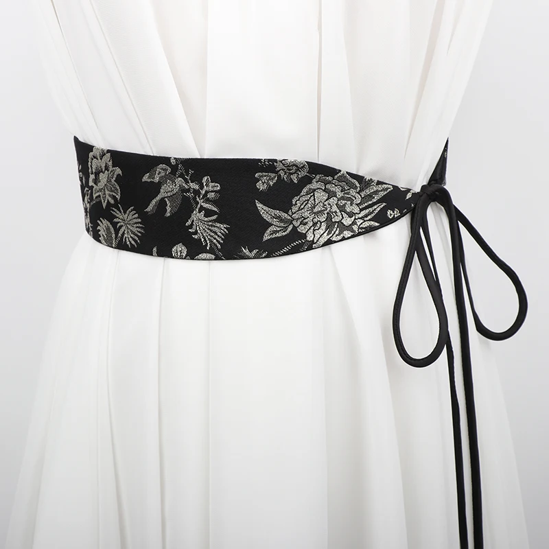 

Винтажный эстетический широкий пояс с вышивкой, элегантный рельеф с цветком, регулируемые черные атласные галстуки, женское платье, многослойный пояс