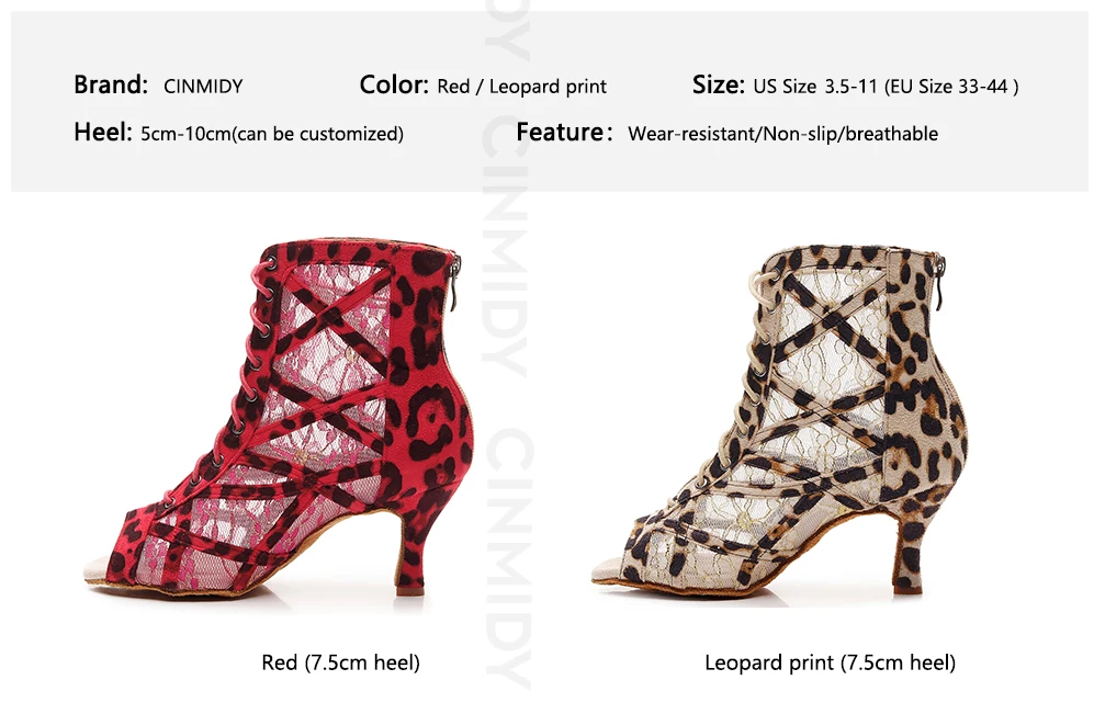 CINMIDY Modische Spitzen-Mesh-Tanzstiefel für Damen, Weiche Sohle, Salsa-Tango-Latin-Tanzschuhe, Leopardenmuster, Pole-Dance-Stiefel, Partyschuhe – Detail 5