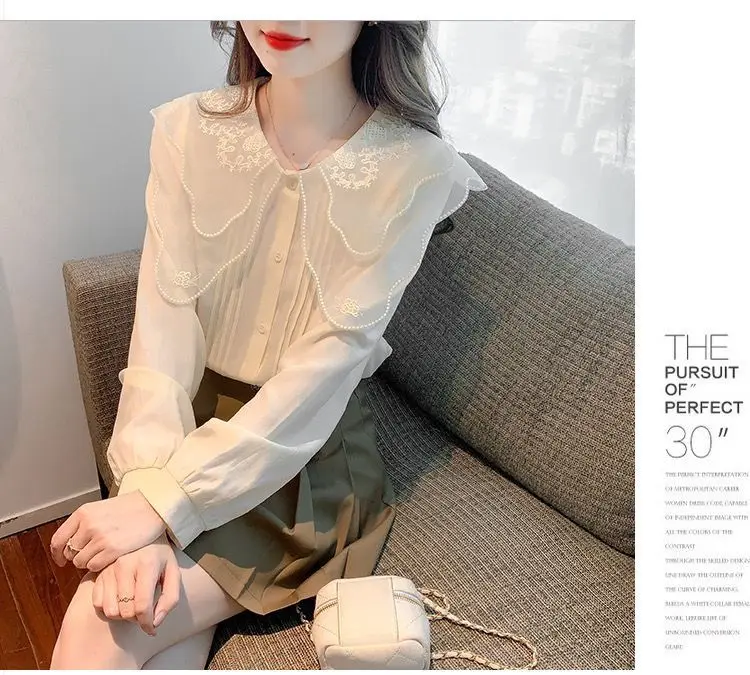 New French Doll Neck Chiffon Shirt for Women Long Sleeved Lace Versatile Stylish and Slimming Top