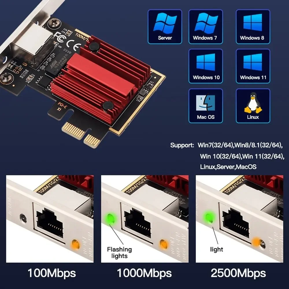 KEBIDUMEI 2.5G PCI-E To RJ45 Network Card RTL8125B Chip Ethernet Wired LAN Controller 100/1000/2500Mbps Adapter For Win7/8/10/11