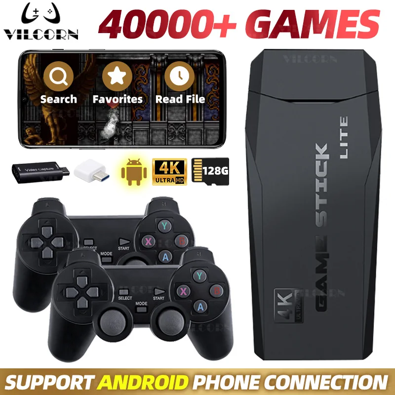

VILCORN Android Video Game Stick M8 4K HD Retro Game Console For PC TV 40000 Games 2.4G Dual Wireless Controller For Kid Gift